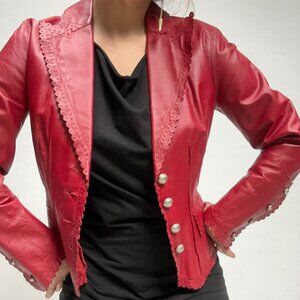 Cami All Leather Cherry Red Long Sleeve Scalloped Edge Button Up Women's Jacket